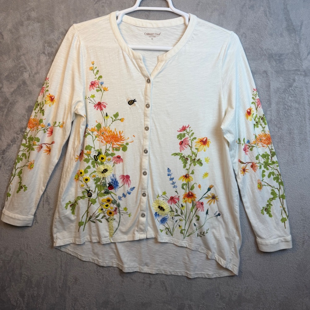Coldwater Creek Top Womens XL White Floral Embroidered Henley Cottage Core Boho